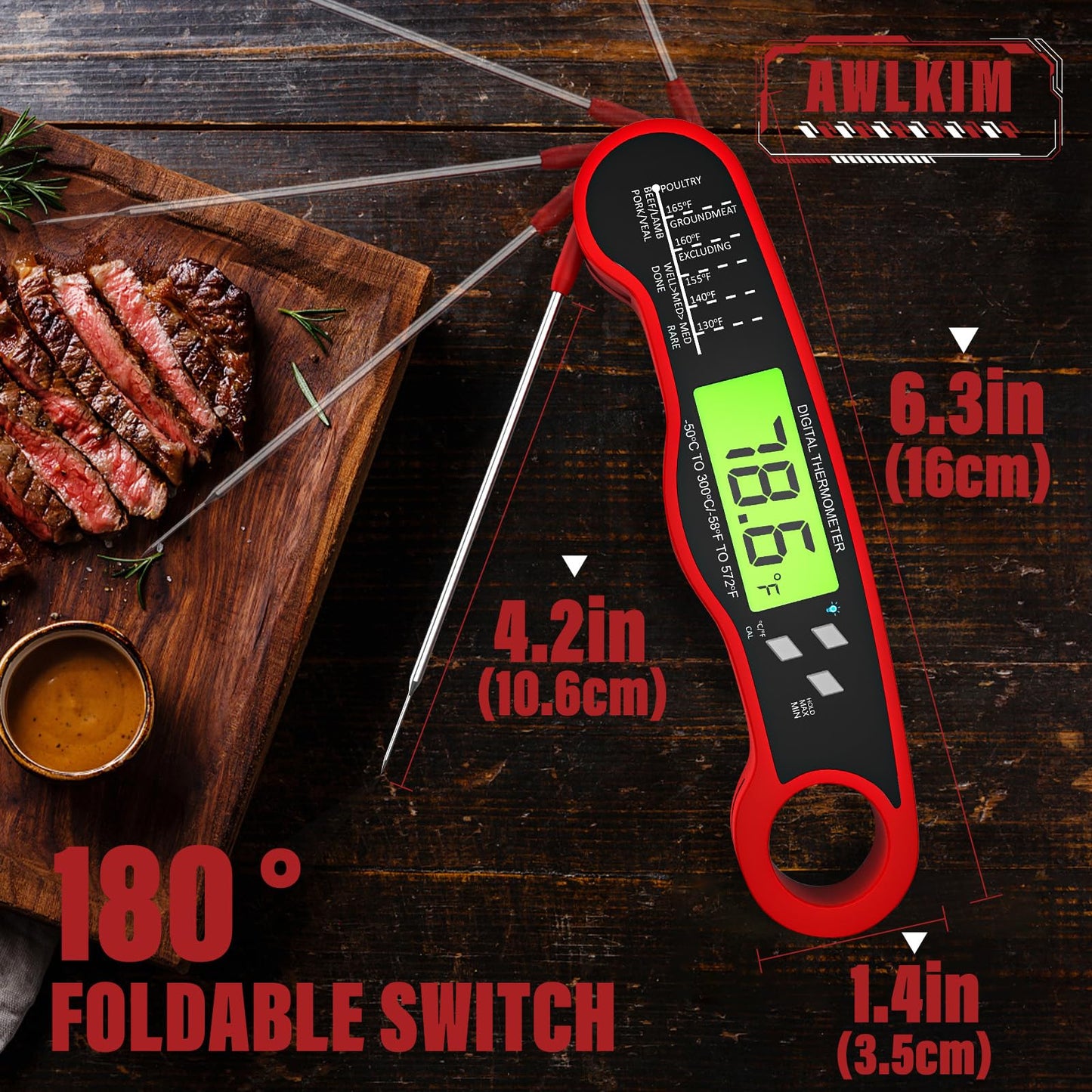 Digital Meat Thermometer Instant Read Waterproof Backlit Red