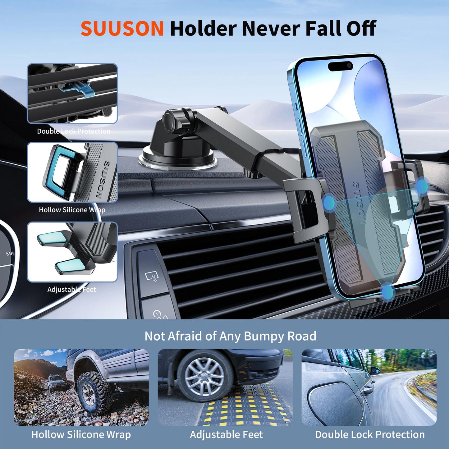 Upgraded 3 In 1 Car Phone Holder Mount Powerful Suction