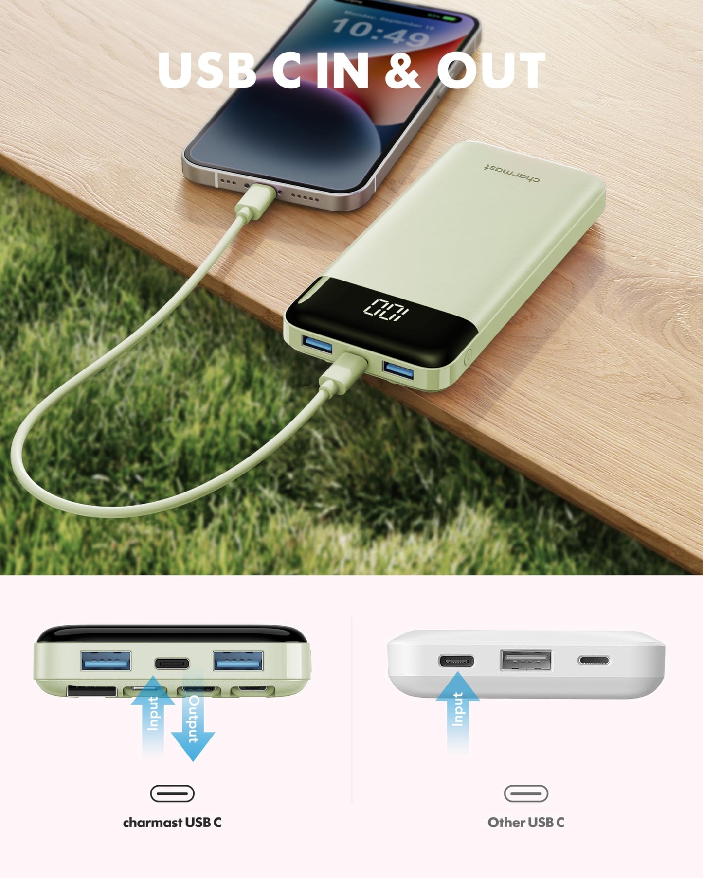 Charmast Slim 10000mAh Power Bank With Built In Cables