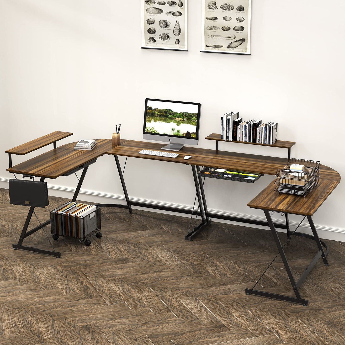L Shaped Black Desk with Monitor Stand and Drawer