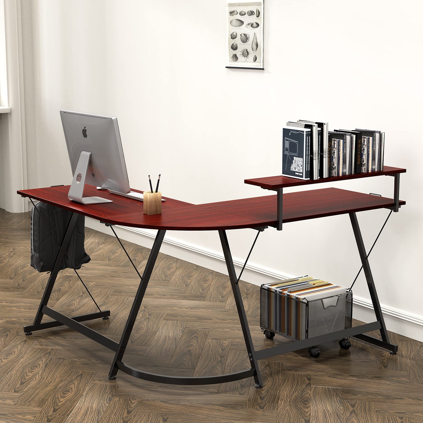 L Shaped Black Desk with Monitor Stand and Drawer