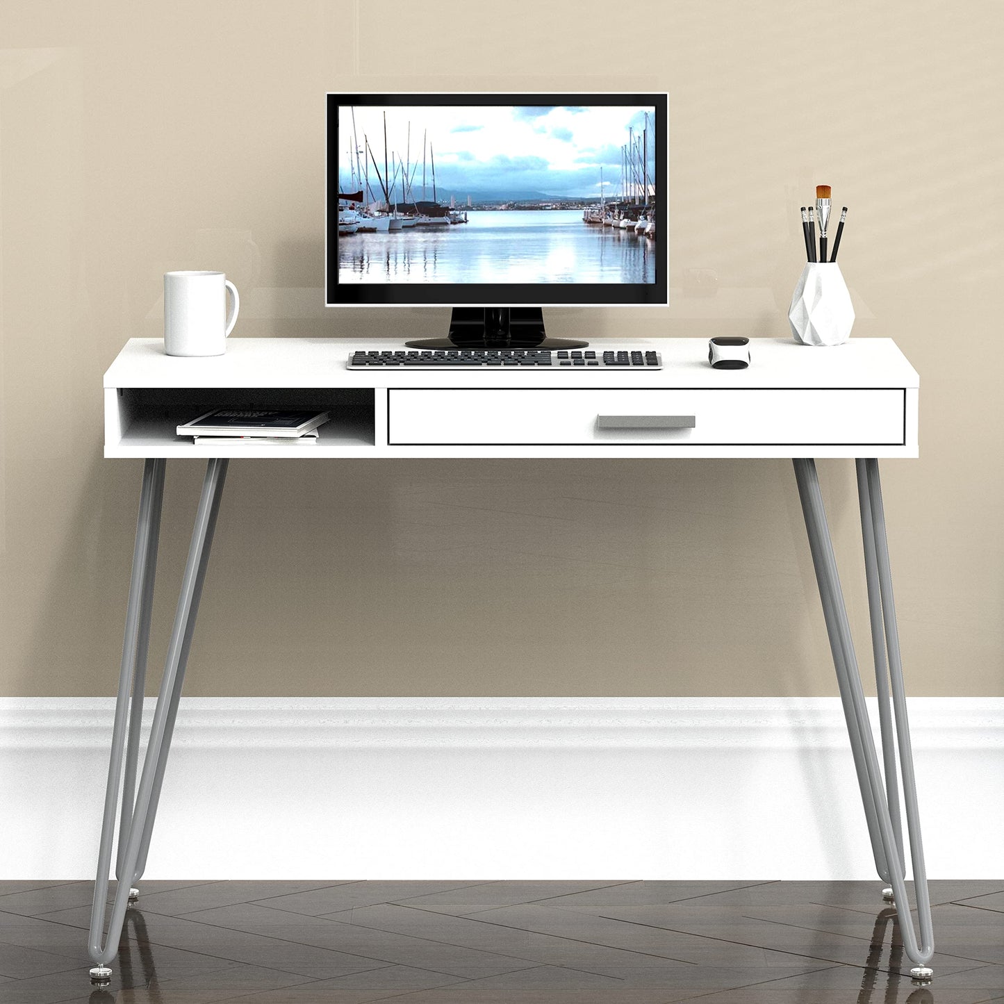 Elegant White Hairpin Leg Desk with Drawer