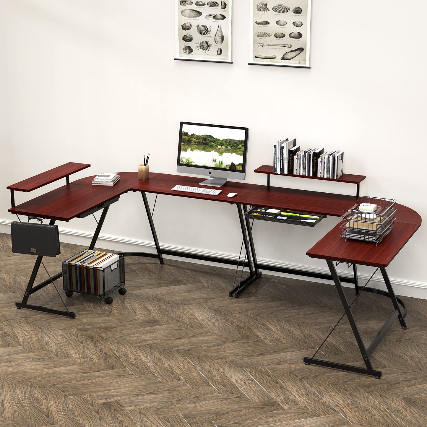 L Shaped Black Desk with Monitor Stand and Drawer