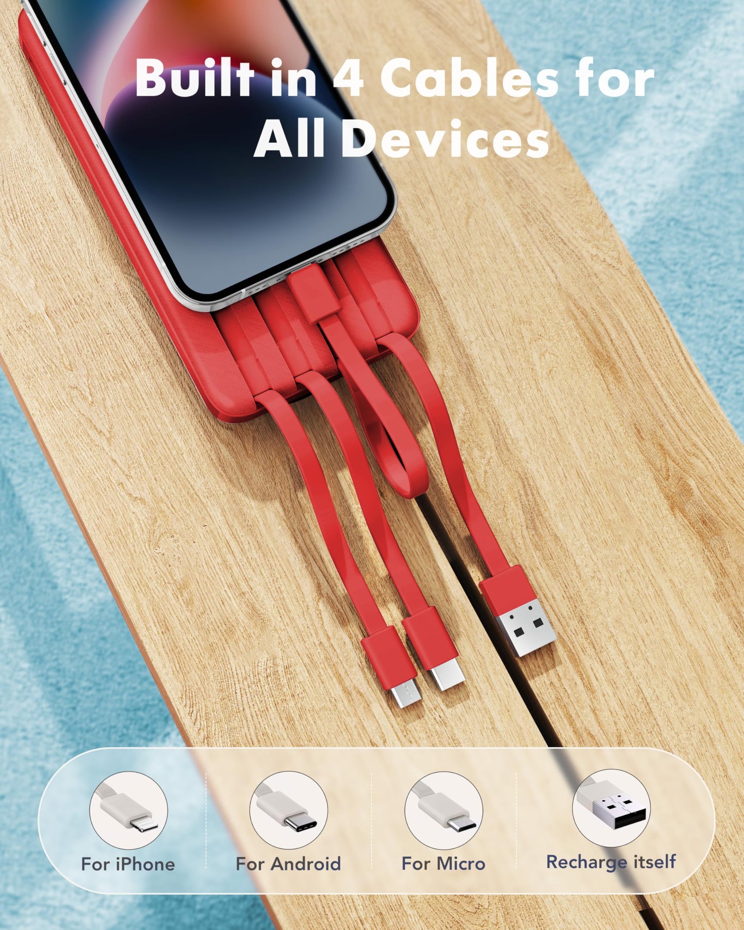 Charmast Slim 10000mAh Power Bank With Built In Cables