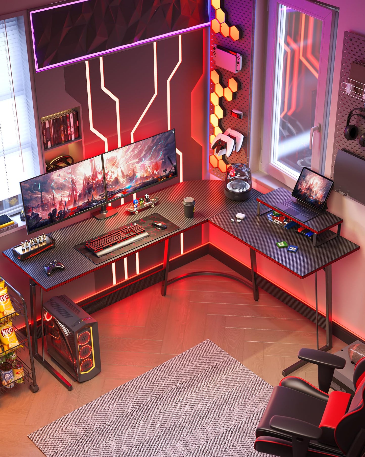 CubiCubi L Shaped Gaming Desk with Carbon Fiber Surface