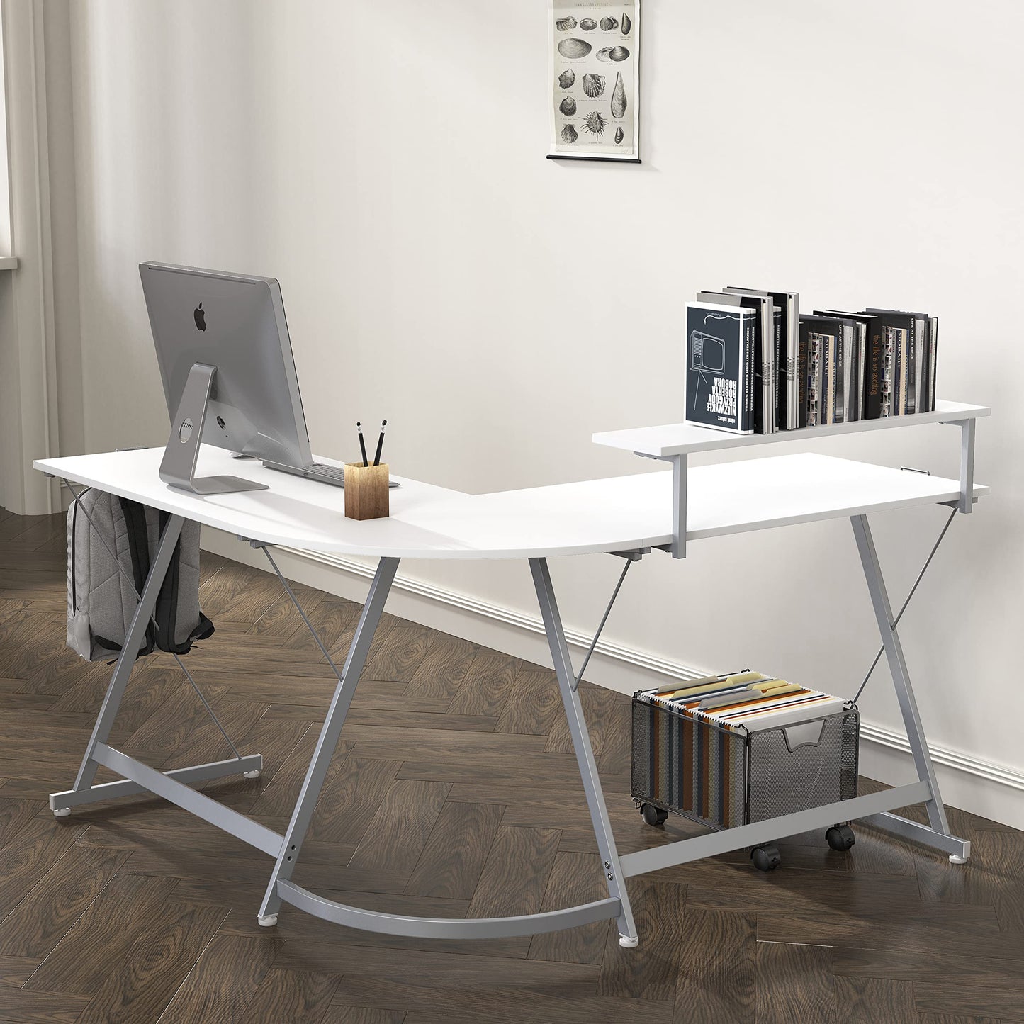 L Shaped Black Desk with Monitor Stand and Drawer