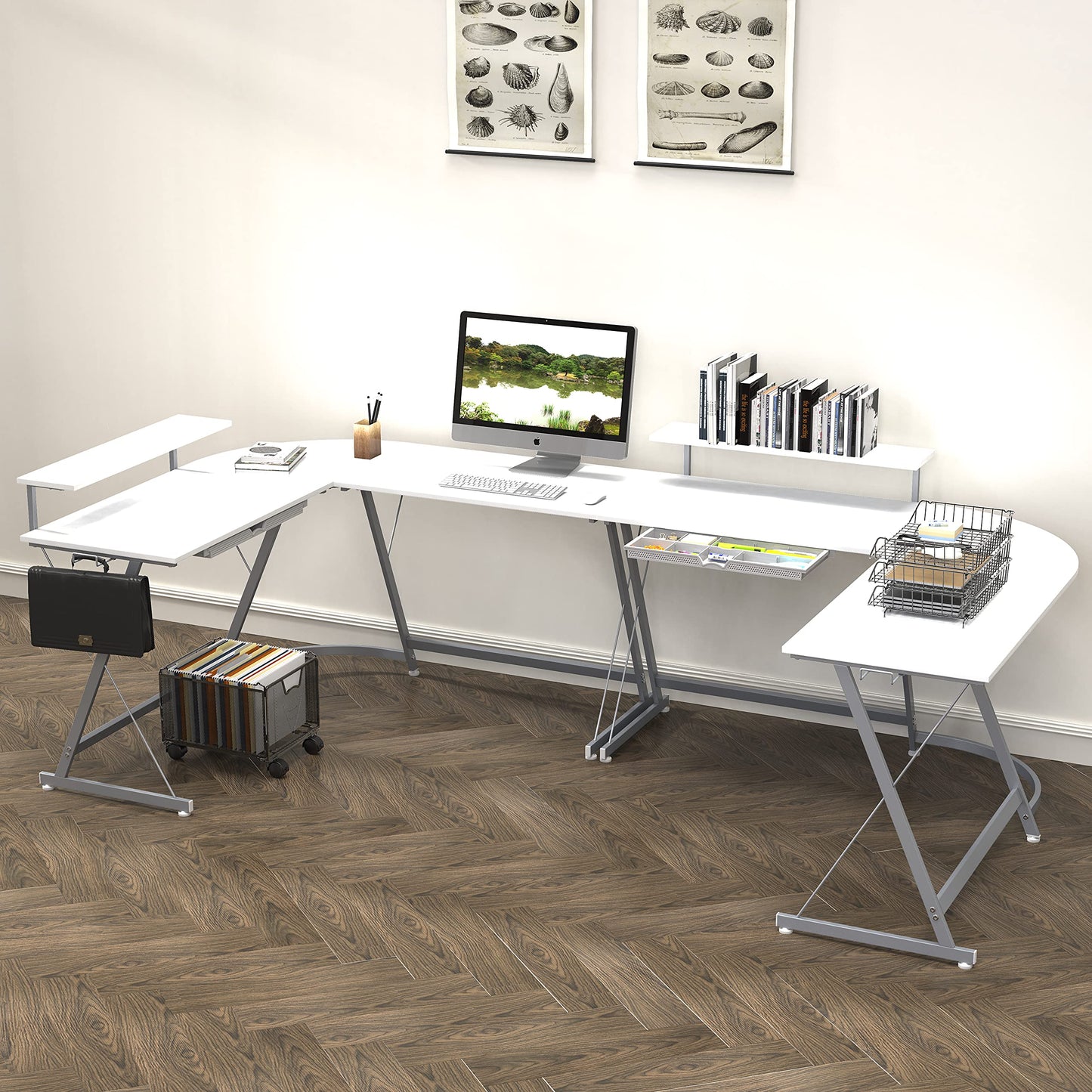 L Shaped Black Desk with Monitor Stand and Drawer