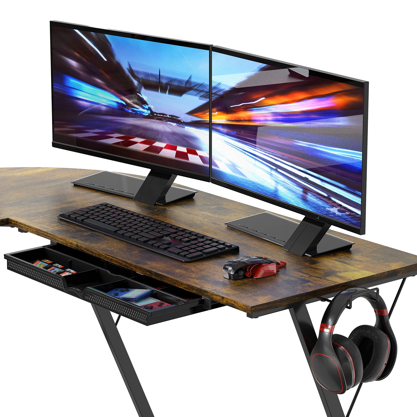 L Shaped Black Desk with Monitor Stand and Drawer