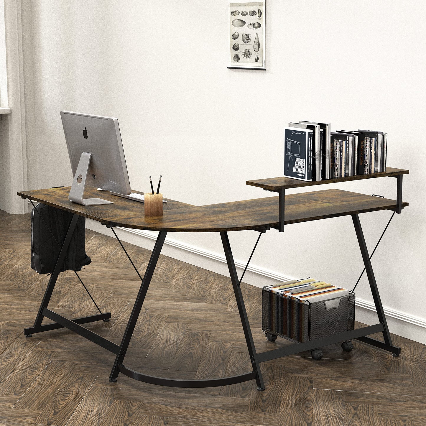 L Shaped Black Desk with Monitor Stand and Drawer