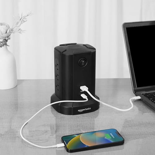 Amazon Basics Power Strip Tower Surge Protector USB Ports