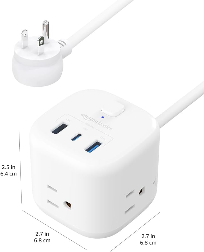 Amazon Basics Power Strip Cube 3 Outlets USB C Compact