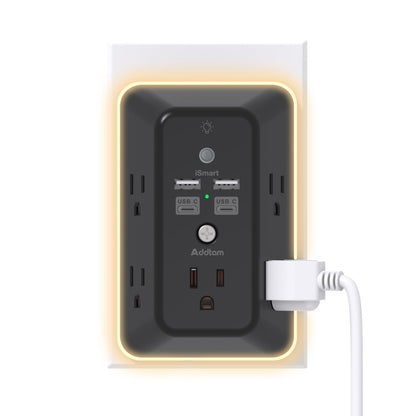 Addtam 9 In 1 USB Wall Outlet With Night Light 5 Outlets