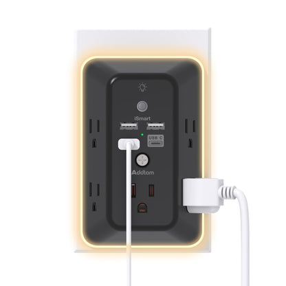 Addtam 9 In 1 USB Wall Outlet With Night Light 5 Outlets