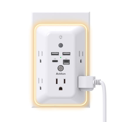 Addtam 9 In 1 USB Wall Outlet With Night Light 5 Outlets