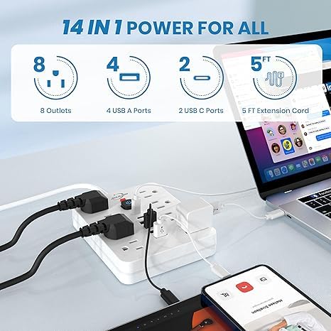 Power Strip Surge Protector With USB Ports Wall Mount