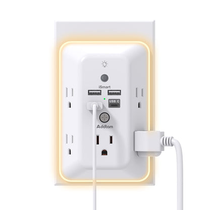 Addtam 9 In 1 USB Wall Outlet With Night Light 5 Outlets