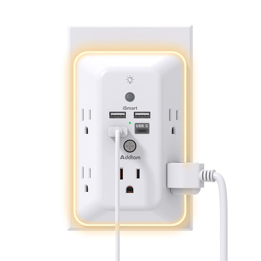 Addtam 9 In 1 USB Wall Outlet With Night Light 5 Outlets