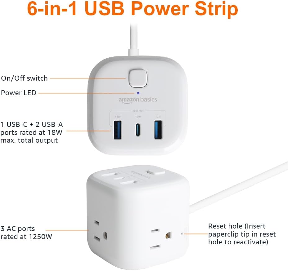 Amazon Basics Power Strip Cube 3 Outlets USB C Compact