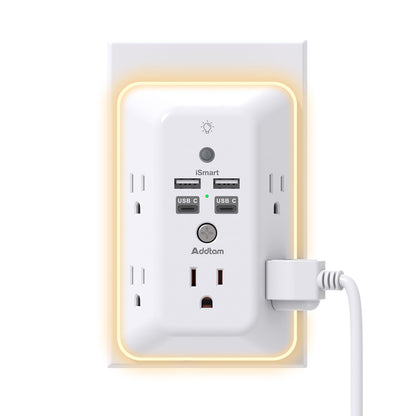 Addtam 9 In 1 USB Wall Outlet With Night Light 5 Outlets