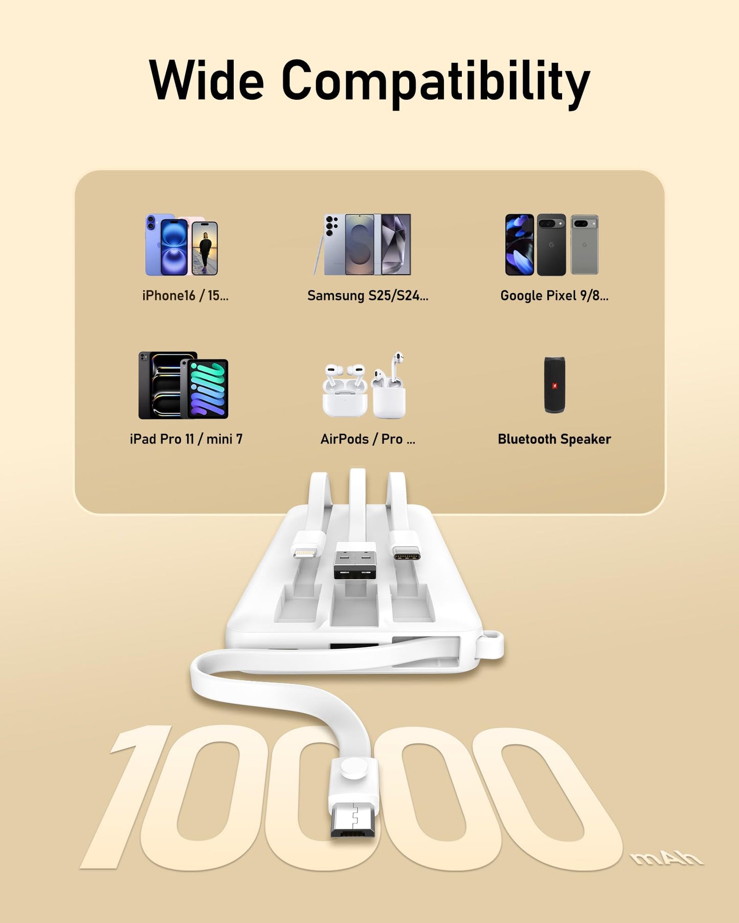 VEEKTOMX Portable Charger 10000mAh BuiltIn Cables Fast Charge