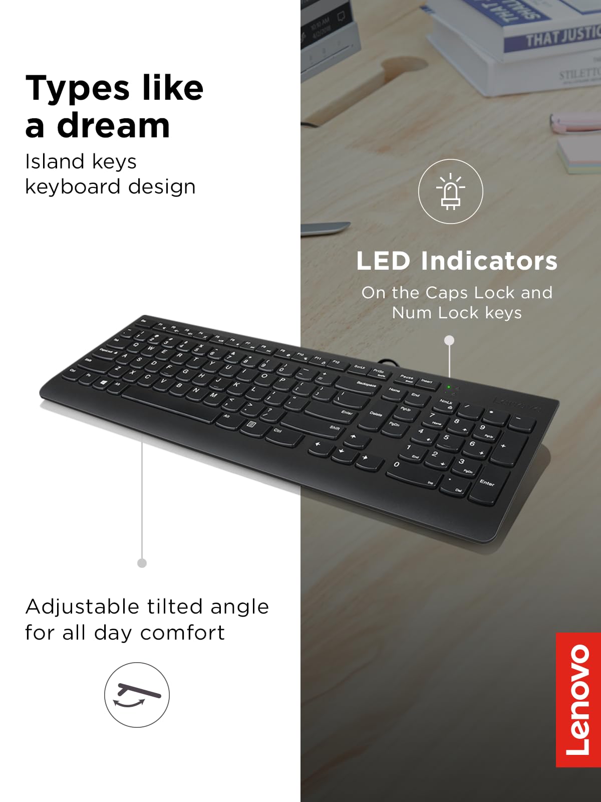 Lenovo 300 USB Keyboard Ergonomic Design for Comfortable Typing
