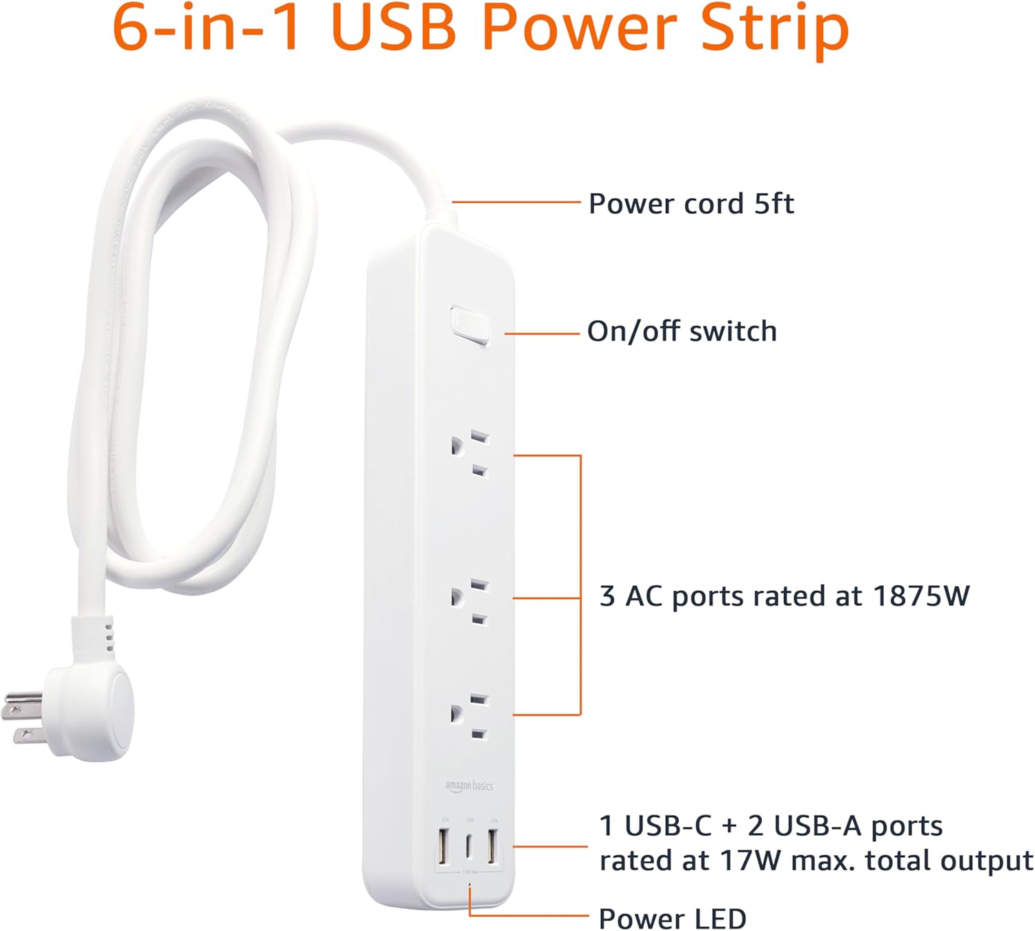 Power Strip With Three USB Ports And Five Foot Cord