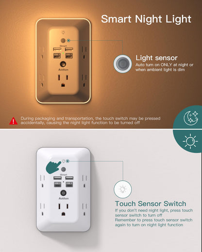 Addtam 9 In 1 USB Wall Outlet With Night Light 5 Outlets