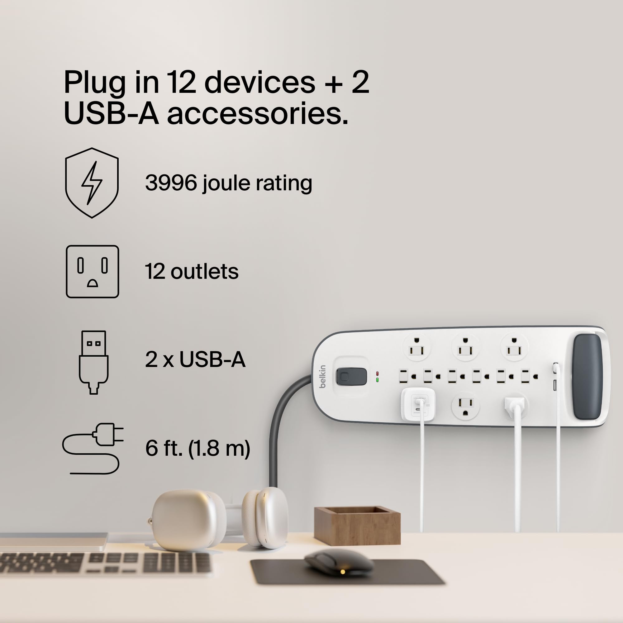 Belkin 12 Outlet Surge Protector Power Strip USB C Safe
