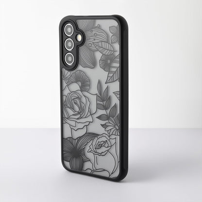 Samsung Galaxy A16 5G Case Black Line Art Floral Rose Pattern Heavy Duty PC