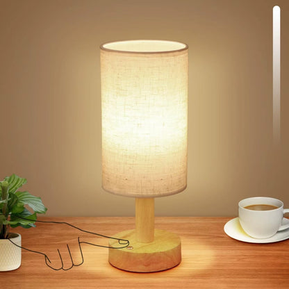 Small Bedside Lamp With Wood Base And Round Warm White Shade