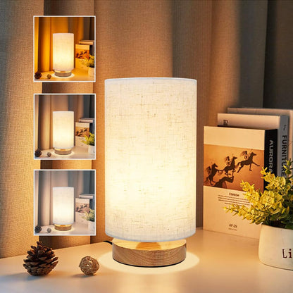 Small Bedside Lamp With Wood Base And Round Warm White Shade