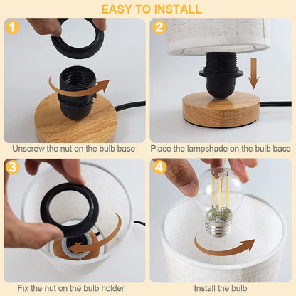 Small Bedside Lamp With Wood Base And Round Warm White Shade