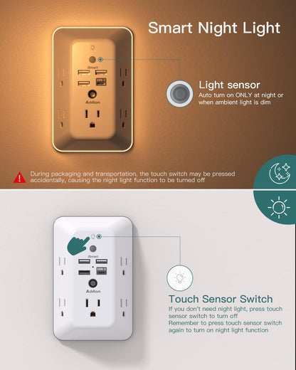 Addtam 9 In 1 USB Wall Outlet With Night Light 5 Outlets