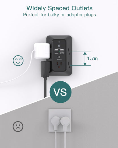 Addtam 9 In 1 USB Wall Outlet With Night Light 5 Outlets