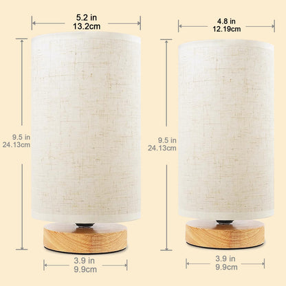 Small Bedside Lamp With Wood Base And Round Warm White Shade