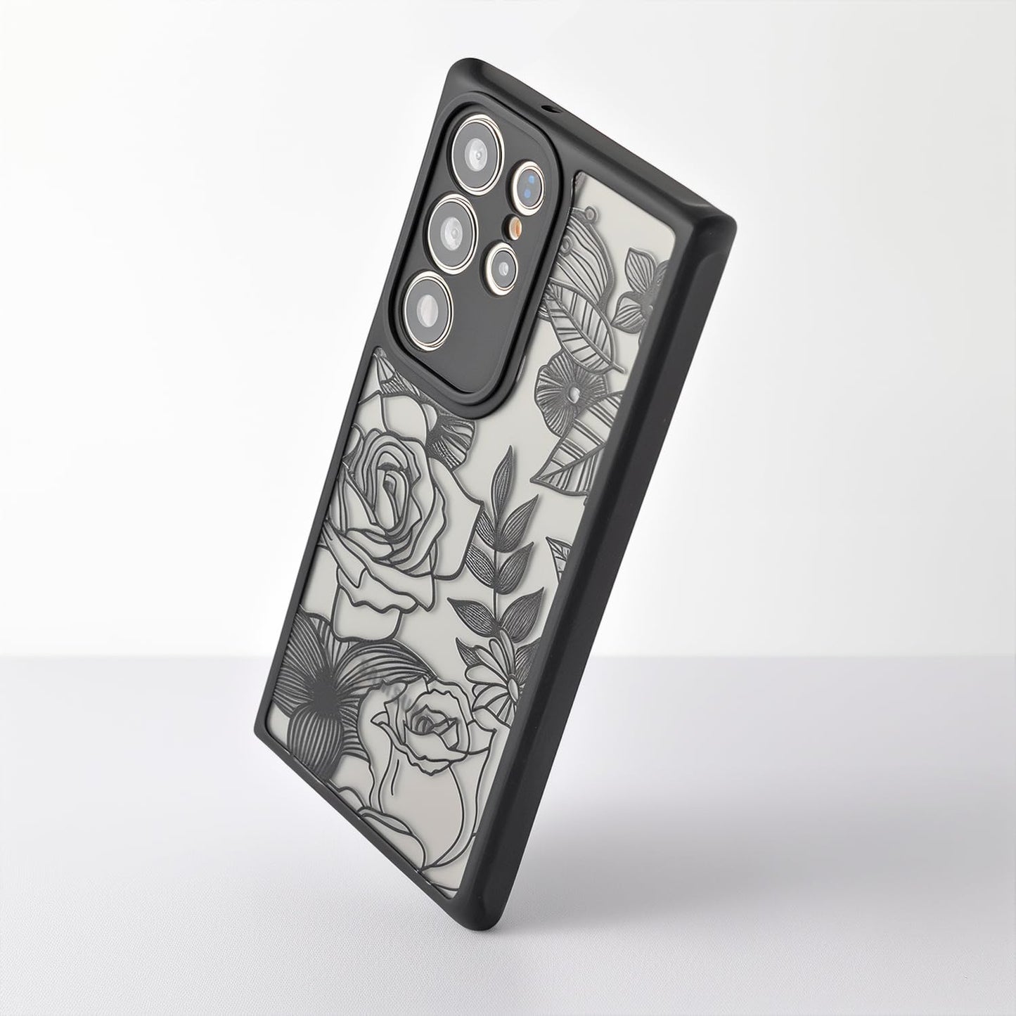 Samsung Galaxy A16 5G Case Black Line Art Floral Rose Pattern Heavy Duty PC