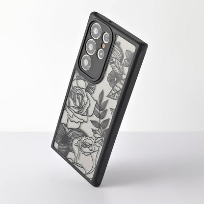 Samsung Galaxy A16 5G Case Black Line Art Floral Rose Pattern Heavy Duty PC