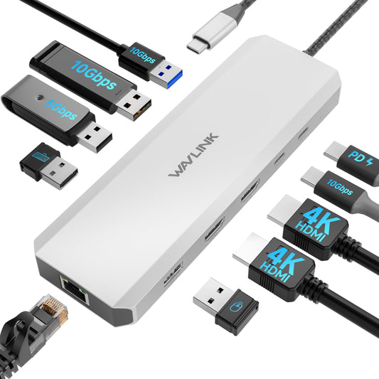 WAVLINK 10-In-1 Laptop Docking Station Dual HDMI 100W PD