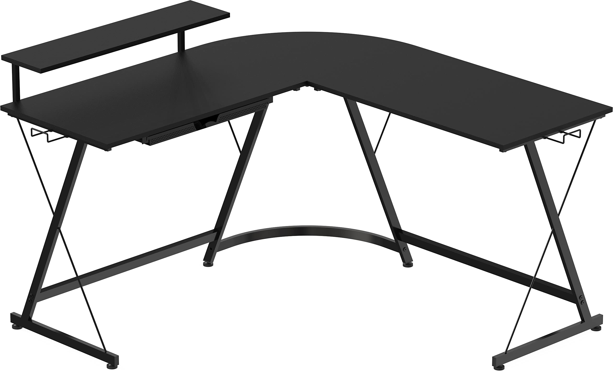 L Shaped Black Desk with Monitor Stand and Drawer