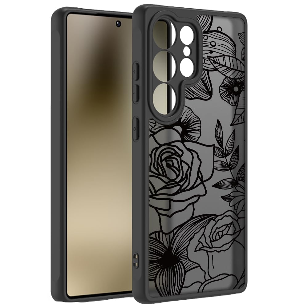 Samsung Galaxy A16 5G Case Black Line Art Floral Rose Pattern Heavy Duty PC