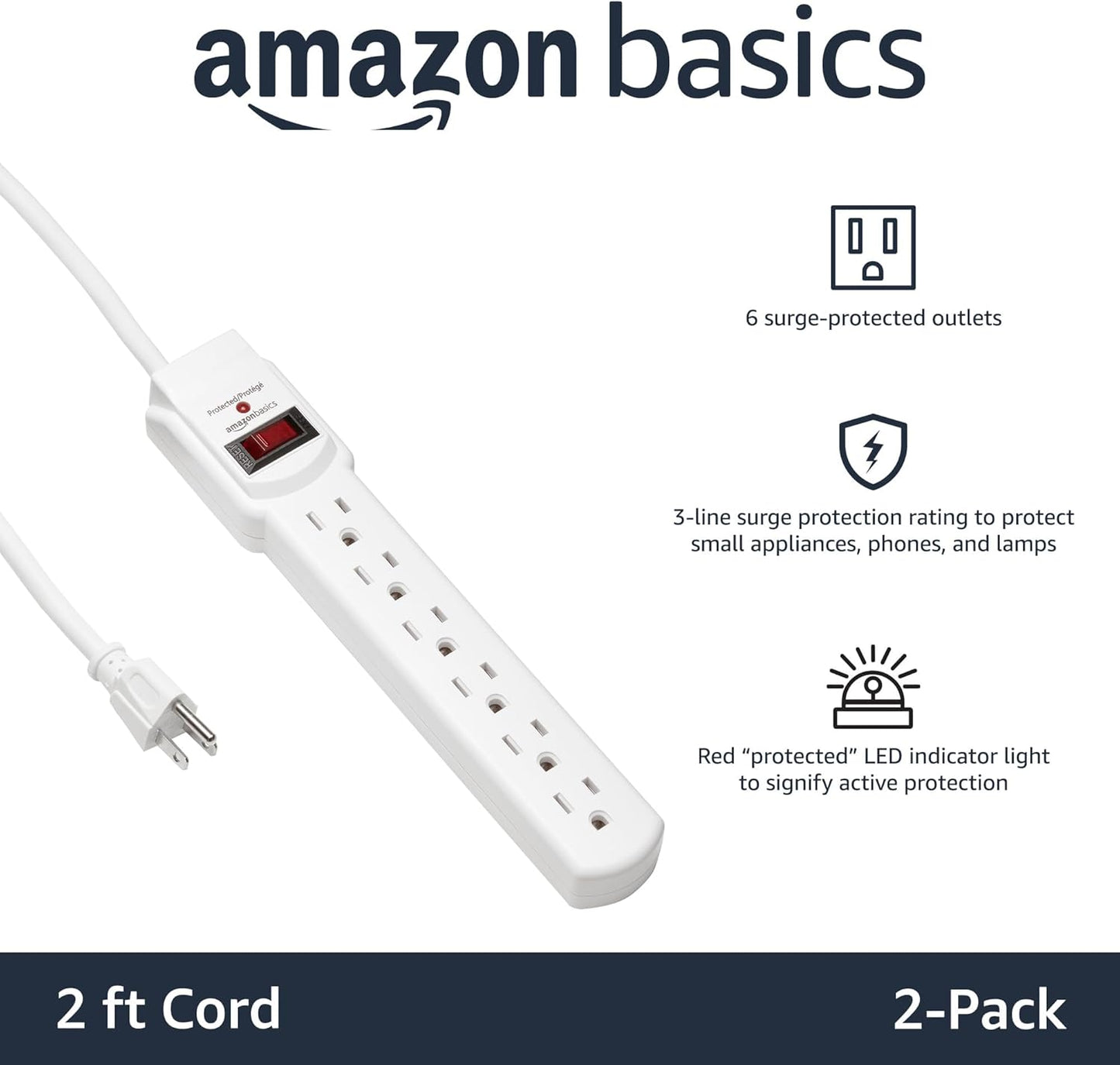 Amazon Basics Two Pack Surge Protector Power Strip 200J