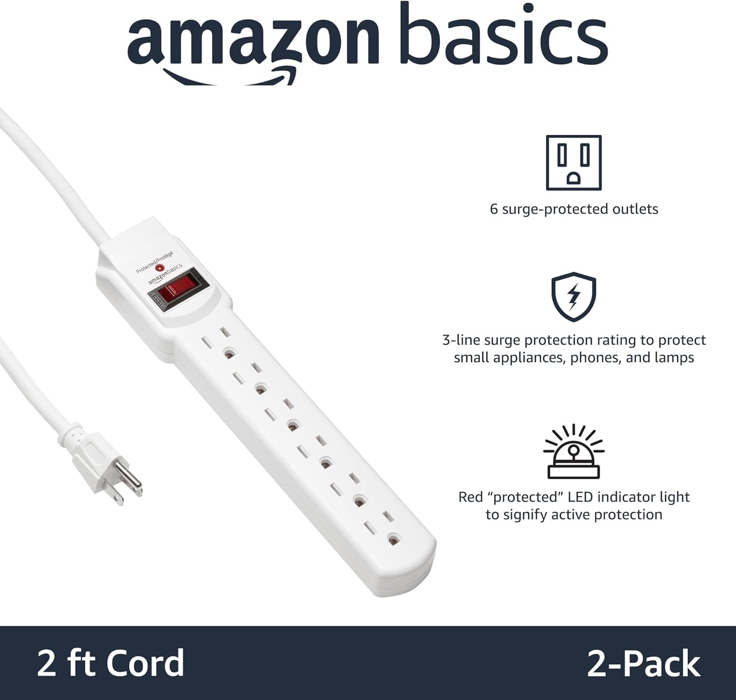 Amazon Basics Two Pack Surge Protector Power Strip 200J