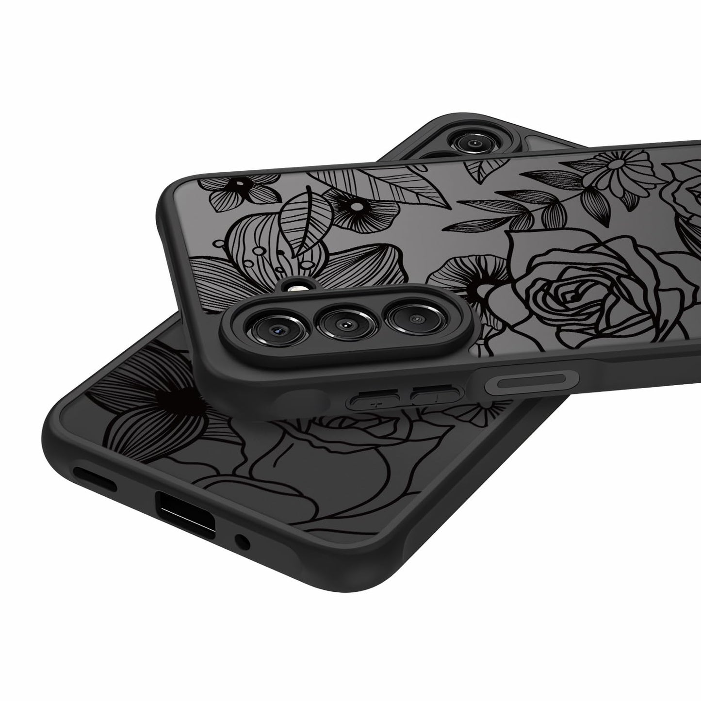 Samsung Galaxy A16 5G Case Black Line Art Floral Rose Pattern Heavy Duty PC