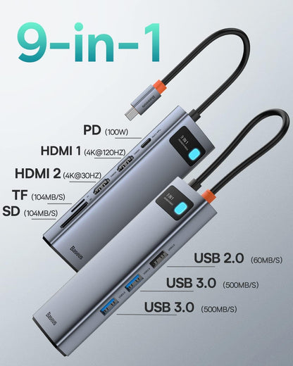 Baseus USB C Docking Station Dual Monitor 4K 120Hz 9 In 1