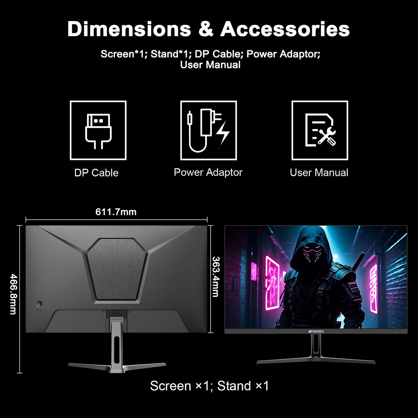 Sansui 27 Inch WQHD Gaming Monitor 180Hz 1ms DP HDMI HDR