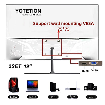 Yotetion 19 Inch Monitor 1440x900 75Hz HDMI VGA VESA 75mm