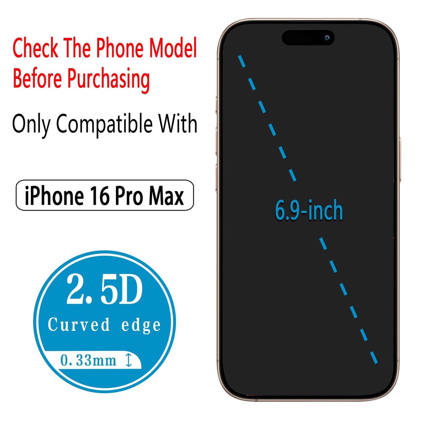 2 Pack iPhone 16 Pro Max 6.9 Inch Tempered Glass Screen Protector Full Coverage