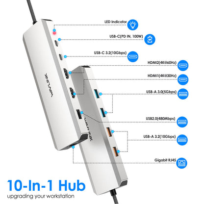 WAVLINK 10-In-1 Laptop Docking Station Dual HDMI 100W PD