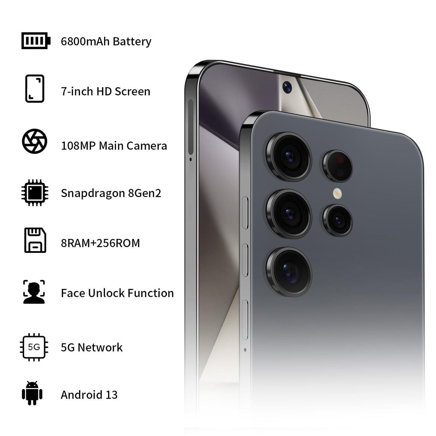 Unlocked S24 Ultra Android Phone 5G 6800mAh Dual SIM 108MP Camera Titanium Black