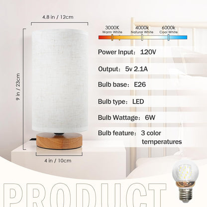 Small Bedside Lamp With Wood Base And Round Warm White Shade